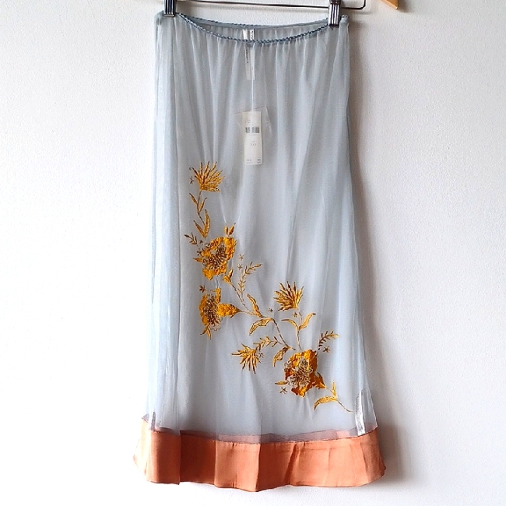 Anthropologie Embroidered Floral Sheer Skirt Blue Gold Copper